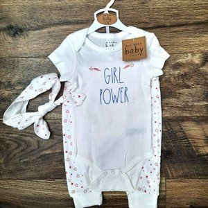 Rae Dunn Baby GIRL POWER Onesie 3 piece Set red white 6-9 mos